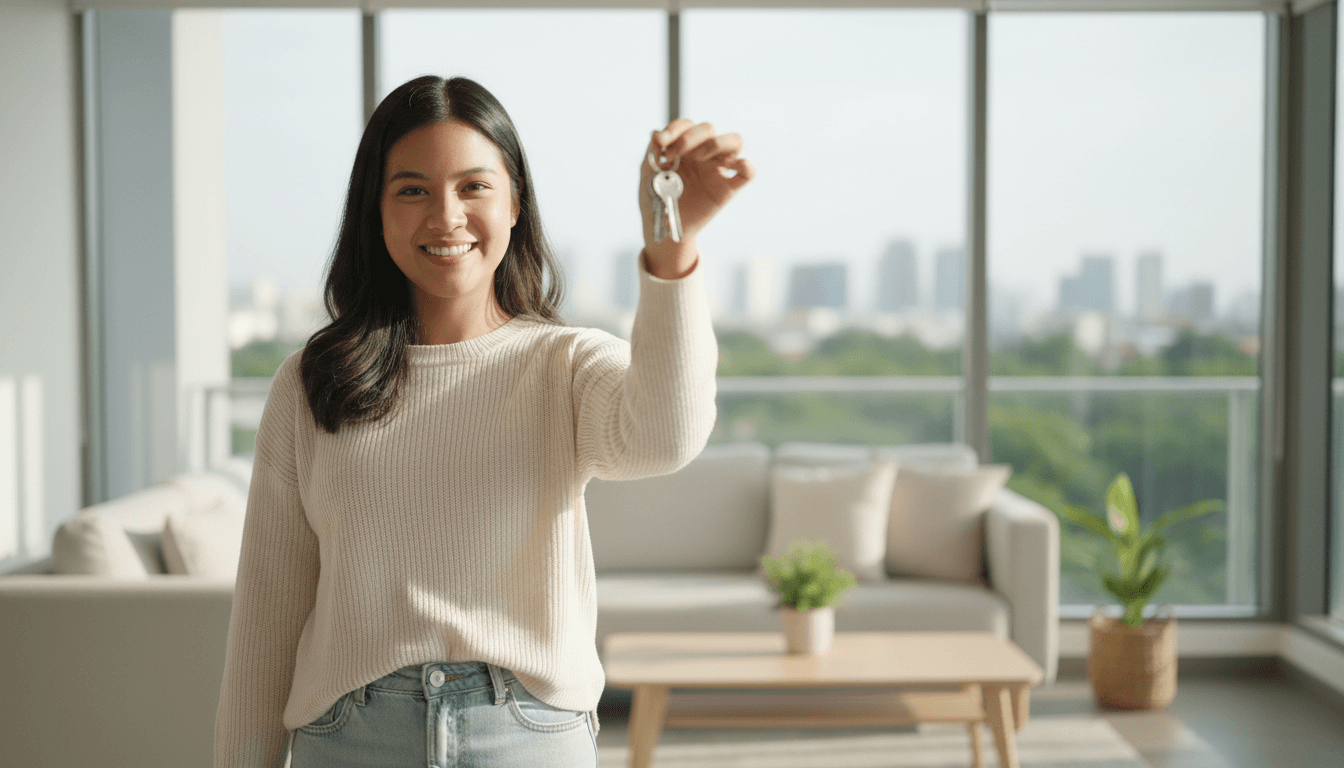 Woman holding keys in her new home