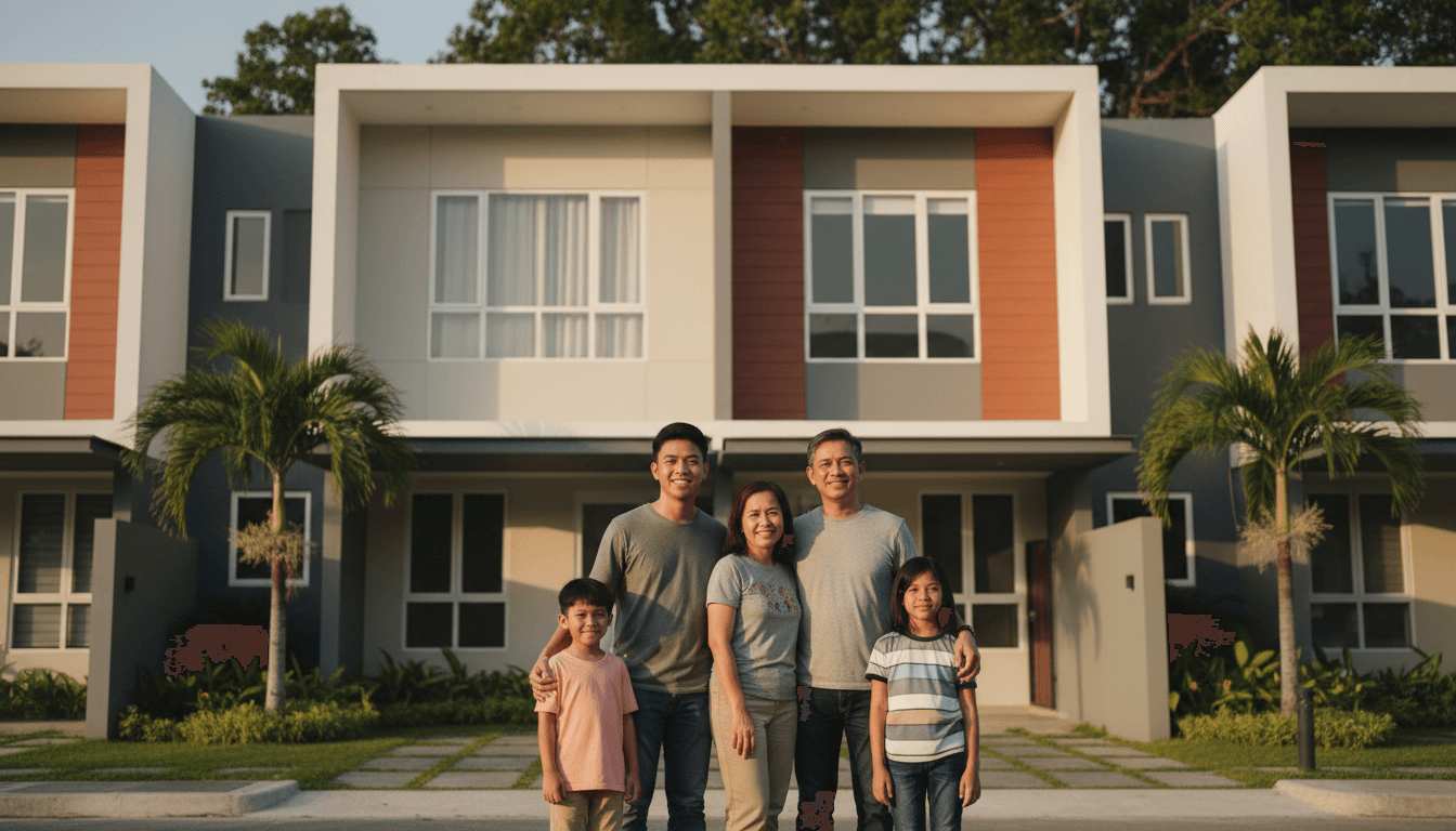 Family standing in front of modern residential building, celebrating new home purchase