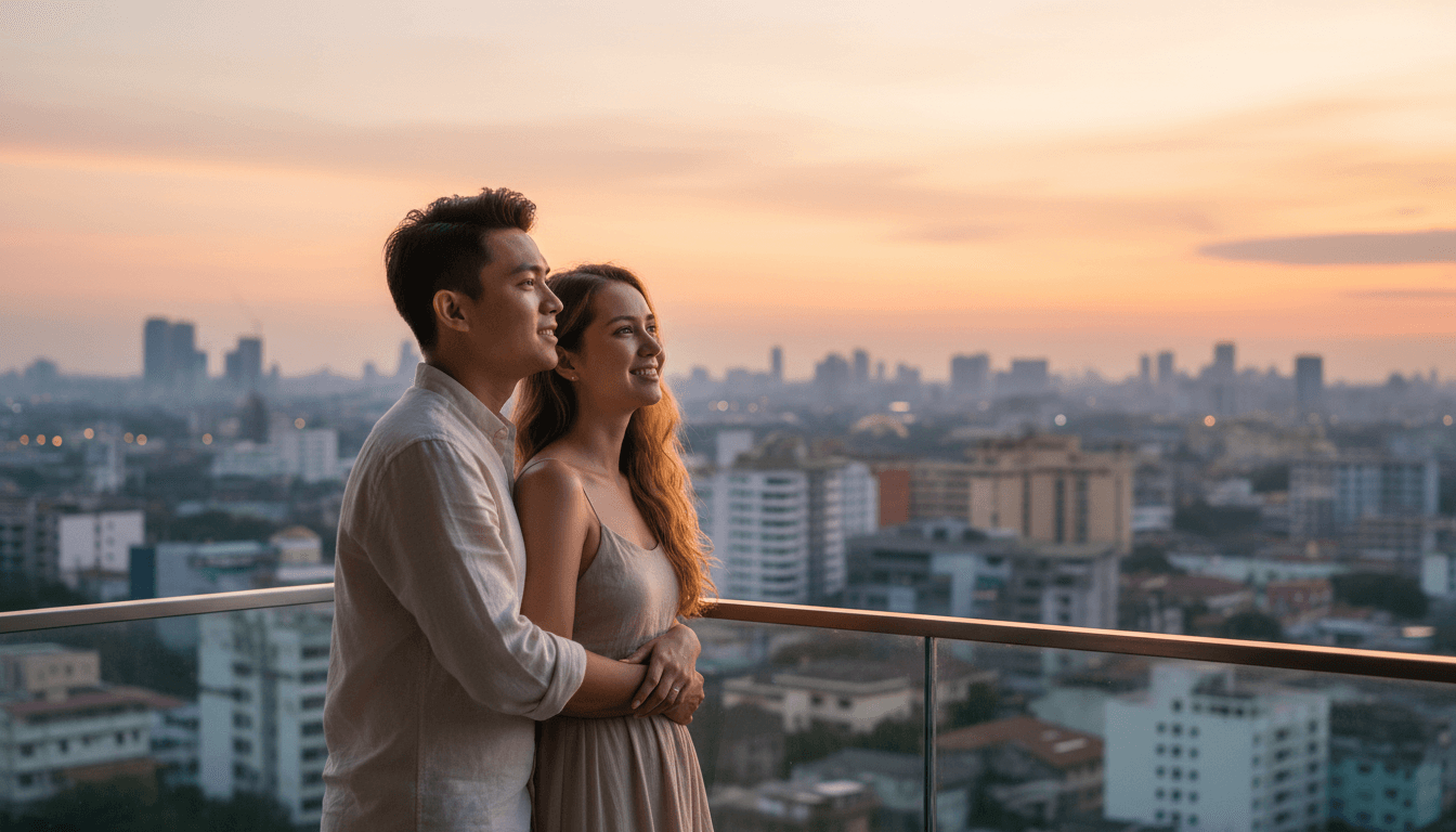 Young couple on apartment balcony overlooking Manila cityscape at sunset