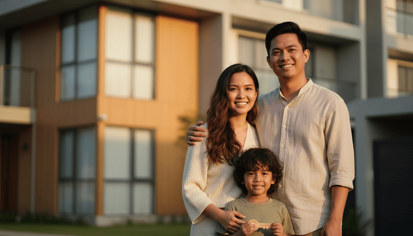 Filipino family smiling in front of their new home