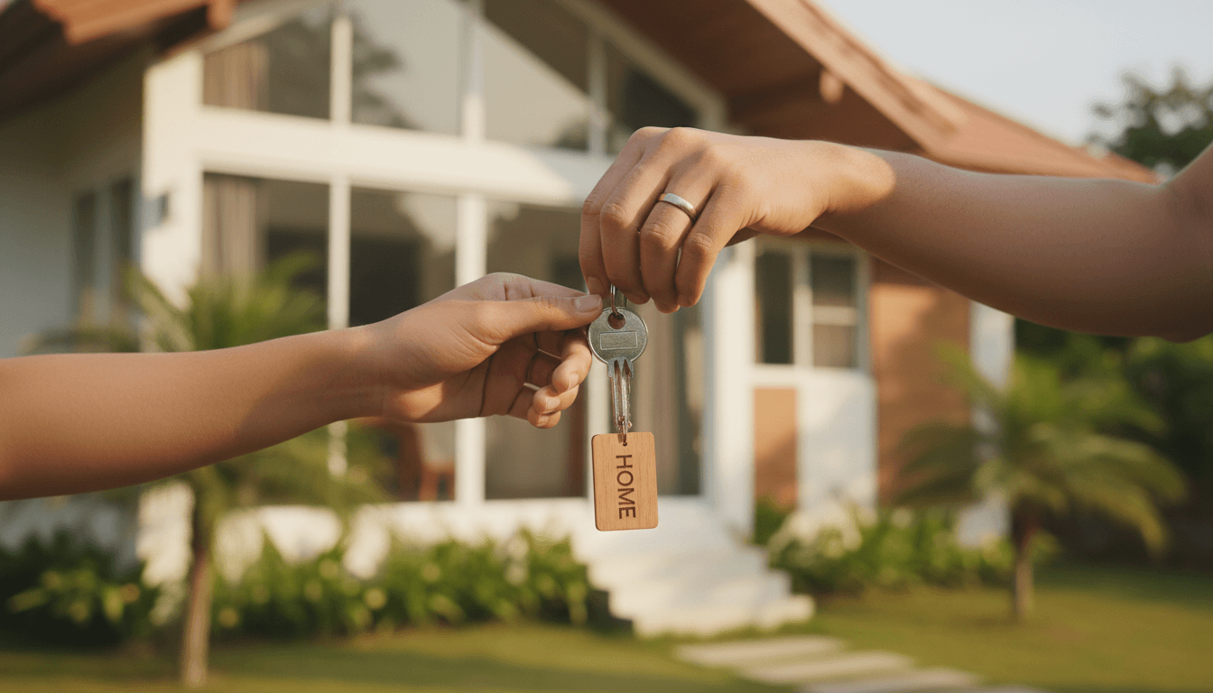 Couple holding a house key, symbolizing successful home acquisition