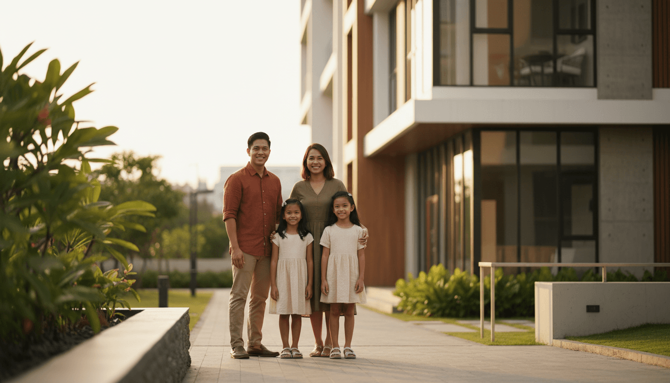 Family standing in front of their new home development in the Philippines